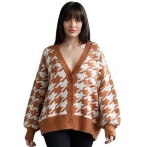 Miracle Rust V- Neck Houndstooth Button Down Long Sleeve Cardigan